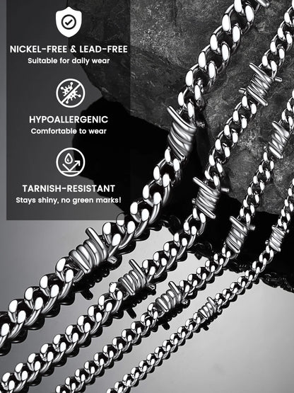 Thorns Cuban Chain for Men 9MM Thick Barbed Wire Choker Necklace Birthday Christmas Birthday Gifts for Dad Son Husband, 20 Inch