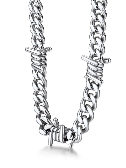 Thorns Cuban Chain for Men 9MM Thick Barbed Wire Choker Necklace Birthday Christmas Birthday Gifts for Dad Son Husband, 20 Inch